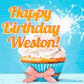 A cheerful animated GIF of a cupcake with creamy frosting, a red checkered ribbon, and a bright sparkler on top. The text 'Happy Birthday Weston!' is displayed in vibrant orange and red.