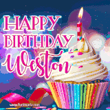 A festive animated GIF featuring a colorful cupcake with a single lit candle, sprinkles, and 'Happy Birthday Weston' text against a sparkling, celebratory background.