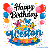 Close-up of a floral birthday cake with a bold blue name tag spelling Weston under colorful balloon decorations.