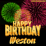 A captivating GIF with bursts of green, pink, and orange fireworks lighting up the night sky, accompanied by 'Happy Birthday Weston' in glowing golden text.