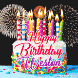 A lively happy birthday animated GIF showcasing a colorful birthday cake covered in sprinkles, topped with glowing candles, and surrounded by vibrant fireworks. The name 'Weston' is featured in elegant script.