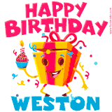 A funny animated birthday GIF with the words 'Happy Birthday Westona', colorful gift box with arms and legs, holding a cupcake with a lit candle  with confetti everywhere.