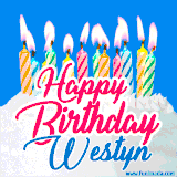 A cheerful animated GIF featuring colorful lit birthday candles on a white cake, with the text 'Happy Birthday Westyn' in bold red and blue script on a bright blue background.