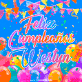 A vibrant animated GIF with 'Feliz Cumpleaños Westyn' written in colorful script, surrounded by balloons, confetti, and bunting on a bright blue background.