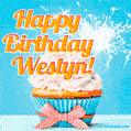 A cheerful animated GIF of a cupcake with creamy frosting, a red checkered ribbon, and a bright sparkler on top. The text 'Happy Birthday Westyn!' is displayed in vibrant orange and red.