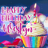 A festive animated GIF featuring a colorful cupcake with a single lit candle, sprinkles, and 'Happy Birthday Westyn' text against a sparkling, celebratory background.