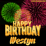A captivating GIF with bursts of green, pink, and orange fireworks lighting up the night sky, accompanied by 'Happy Birthday Westyn' in glowing golden text.