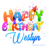 Animated GIF with colorful, festive 'Happy Birthday Westyn' text decorated with patterns, a party hat, and falling confetti. A vibrant and cheerful design for birthday celebrations.