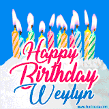 A cheerful animated GIF featuring colorful lit birthday candles on a white cake, with the text 'Happy Birthday Weylyn' in bold red and blue script on a bright blue background.
