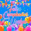 A vibrant animated GIF with 'Feliz Cumpleaños Weylyn' written in colorful script, surrounded by balloons, confetti, and bunting on a bright blue background.