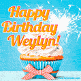 A cheerful animated GIF of a cupcake with creamy frosting, a red checkered ribbon, and a bright sparkler on top. The text 'Happy Birthday Weylyn!' is displayed in vibrant orange and red.