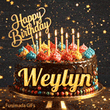 Close-up of colorful whipped cream toppings on a chocolate cake with flickering candles, custom-designed for Weylyn.