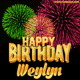 A captivating GIF with bursts of green, pink, and orange fireworks lighting up the night sky, accompanied by 'Happy Birthday Weylyn' in glowing golden text.