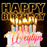 A vibrant animated GIF featuring a delicious birthday cake topped with glowing candles and the name 'Weylyn' in elegant script, and the words 'Happy Birthday' on the black background.