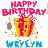 A funny animated birthday GIF with the words 'Happy Birthday Weylyna', colorful gift box with arms and legs, holding a cupcake with a lit candle  with confetti everywhere.