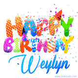 Animated GIF with colorful, festive 'Happy Birthday Weylyn' text decorated with patterns, a party hat, and falling confetti. A vibrant and cheerful design for birthday celebrations.
