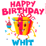 A funny animated birthday GIF with the words 'Happy Birthday Whita', colorful gift box with arms and legs, holding a cupcake with a lit candle  with confetti everywhere.