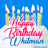 A cheerful animated GIF featuring colorful lit birthday candles on a white cake, with the text 'Happy Birthday Whitman' in bold red and blue script on a bright blue background.