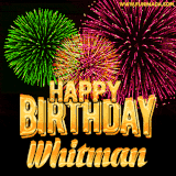 A captivating GIF with bursts of green, pink, and orange fireworks lighting up the night sky, accompanied by 'Happy Birthday Whitman' in glowing golden text.