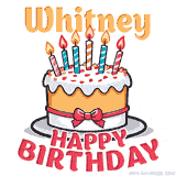 Cartoon birthday cake with a red bow, glowing candles, and 'Whitney Happy Birthday' text in bold animated style.