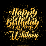 Animated GIF with colorful, festive 'Happy Birthday Whitney' text decorated with patterns, a party hat, and falling confetti. A vibrant and cheerful design for birthday celebrations.