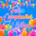 A vibrant animated GIF with 'Feliz Cumpleaños Whitney' written in colorful script, surrounded by balloons, confetti, and bunting on a bright blue background.