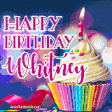 A festive animated GIF featuring a colorful cupcake with a single lit candle, sprinkles, and 'Happy Birthday Whitney' text against a sparkling, celebratory background.