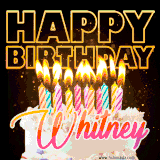 A vibrant animated GIF featuring a delicious birthday cake topped with glowing candles and the name 'Whitney' in elegant script, and the words 'Happy Birthday' on the black background.