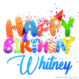 Animated GIF with colorful, festive 'Happy Birthday Whitney' text decorated with patterns, a party hat, and falling confetti. A vibrant and cheerful design for birthday celebrations.