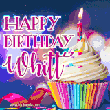 A festive animated GIF featuring a colorful cupcake with a single lit candle, sprinkles, and 'Happy Birthday Whitt' text against a sparkling, celebratory background.