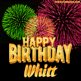 A captivating GIF with bursts of green, pink, and orange fireworks lighting up the night sky, accompanied by 'Happy Birthday Whitt' in glowing golden text.
