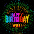 A colorful animated GIF featuring the text 'Happy Birthday Will!' in rainbow colors with a dynamic iridescent firework display in the background.