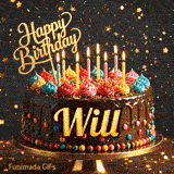Festive chocolate birthday cake decorated with colorful frosting and candles under sparkling golden stars, personalized for Will.