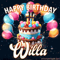 Hand-drawn happy birthday cake adorned with an arch of colorful balloons - name GIF for Willa