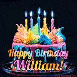 A vibrant animated GIF featuring a colorful rotating birthday cake with bright frosting swirls, glowing candles, and the text 'Happy Birthday William!' in rainbow colors.