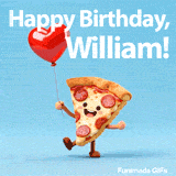 Seamlessly looping animation of a dancing pizza wishing Happy Birthday to William