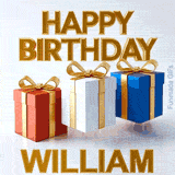 Happy Birthday William written in bold 3D golden text with three colorful gift boxes in red, white, and blue bouncing up and down