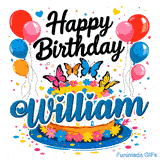 Detailed pink, orange, blue, and yellow butterflies resting on top of a flower-decorated birthday cake for William.