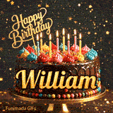 An animated birthday image featuring a rich chocolate cake with colorful cream swirls and the name William written on the front.