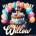 Hand-drawn happy birthday cake adorned with an arch of colorful balloons - name GIF for Willow