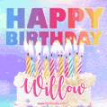 Animated Happy Birthday Cake with Name Willow and Burning Candles