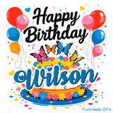 Colorful hearts and confetti scattered around a floral cake with detailed butterflies, custom-made for Wilson.