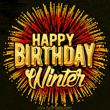 Golden 'Happy Birthday Winter' text accompanied by animated rainbow fireworks for a festive animated greeting.