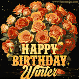 Animated bouquet of orange roses with moving butterfles and golden 'Happy Birthday Winter' text, surrounded by sparkling accents and a dark backdrop for a luxurious feel.