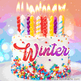 A cheerful white birthday cake with multicolor sprinkles, lit candles, and 'Winter' written in vibrant letters, in an animated GIF.