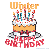 Cartoon birthday cake with a red bow, glowing candles, and 'Winter Happy Birthday' text in bold animated style.