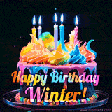 A mesmerizing animated cake with multicolor frosting and candles, and the words 'Happy Birthday Winter' on the black background.