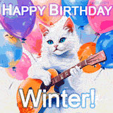 Animated GIF featuring a charming white cat with bright blue eyes strumming a guitar while colorful balloons float in the background, with 'Happy Birthday Winter!' text.