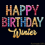 Vibrant luxury birthday greeting card for Winter, showing glittering gemstone letters and golden calligraphy on a dark background with twinkling shine effects.