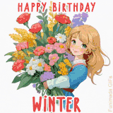 Bright floral birthday animation for Winter showing a cute cartoon girl with golden hair and expressive eyes holding a huge bouquet, surrounded by birthday text.